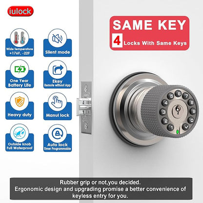 iulock Smart Door Knob with Keypad and Key, Keyless Entry Door Lock with Rubber