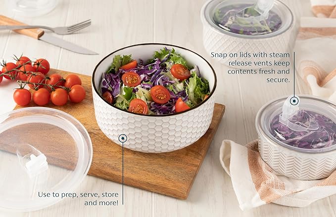 KooK Serving Bowls, with Lids, Ceramic Nesting Bowls, Microwave and Dishwasher