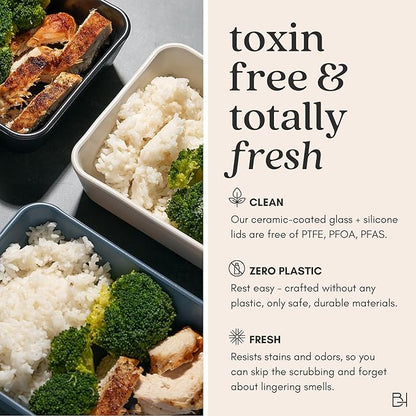 Ceramic Coated Glass Food Storage Container | No PTFE, PFOA, PFAS, and BPA | Reusable Non Toxic Meal Prep Container with Glass Lid | Easy To Store | 6 Cup Rectangle [Willow]