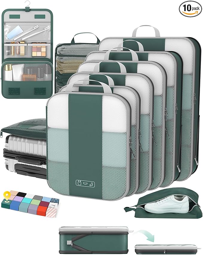 OlarHike 10-Pack Compression Packing Cubes for Travel Essentials,Compressible Expandable Packing Cubes for Suitcase,Luggage Garment Bags for Travel,Handy Helper for Organizing Clothes(Dark Green)