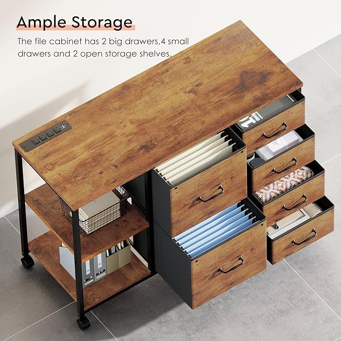 6 Drawer File Cabinet with Charging Station Rolling Printer Stand with Open