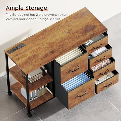 6 Drawer File Cabinet with Charging Station Rolling Printer Stand with Open