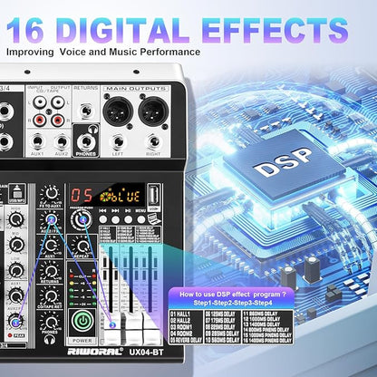 4 Channel Audio Interfacer DJ Mixer Sound Board 16-Bit DSP Effect USB Audio