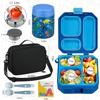 Bento Lunch Box for Kids with 12oz Soup Thermo Leak-Proof Lunch Food Container with 5 Compartment Thermo Hot Food Jar and Insulated Lunch Bag for Kid Toddler Girls Boys to School