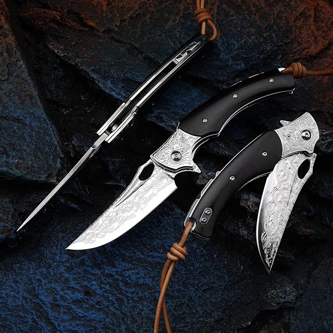 3.5 inch Japanese VG10 Damascus Steel Outdoor Folding Knife with Black Wood Handle, Lined Lock, EDC & Camping Use