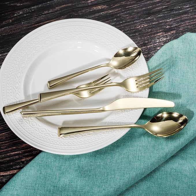 Alata Bailey Champagne Gold 20-Piece Forged Stainless Steel Flatware Set Cutlery Set, Service for 4, Silver Finish, Dishwasher Safe