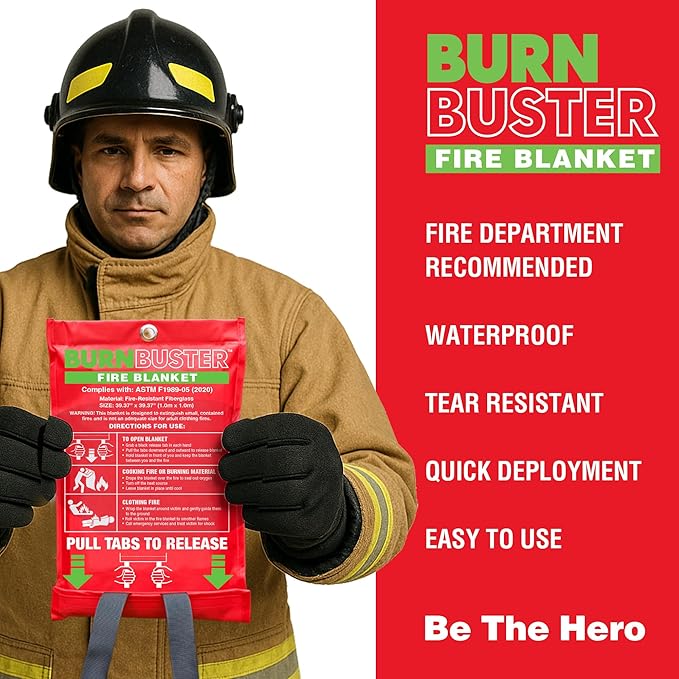 Emergency Fire Blanket - ASTM Certified Fire Suppression Blanket for Home, Kitchen, Grill, Camping, Car & More - 40" x 40" Flame Retardant Fabric, No Mess, Easy Deployment