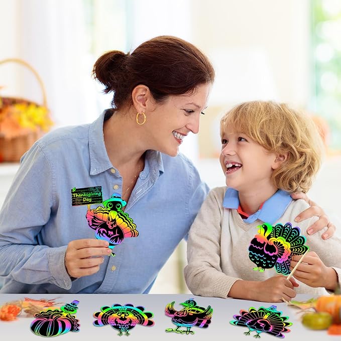 JULMELON 36Pcs Thanksgiving Fall Arts and Crafts, Rainbow Scratch Paper Art Cute Turkey Crafts for School Classroom Activity Autumn Harvest Thanksgiving Party Favors Gifts