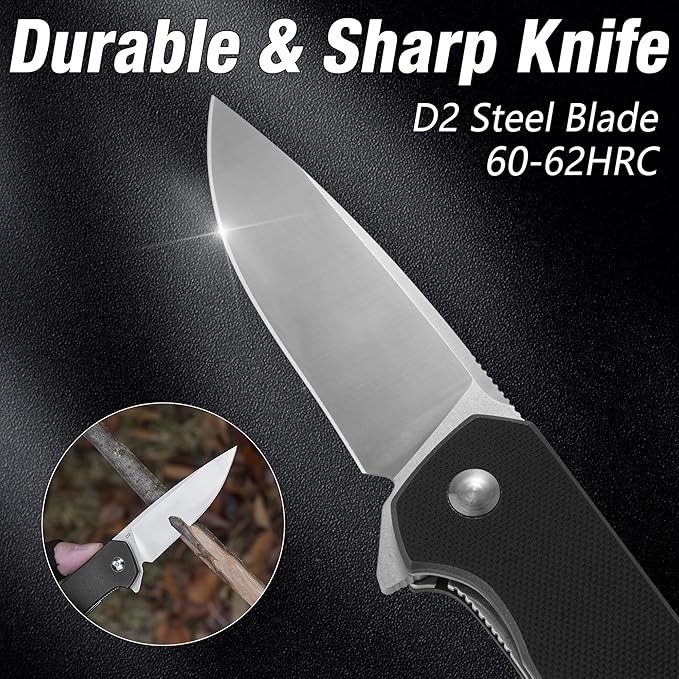 FLISSA Pocket Knife, Folding Tactical Knife with G10 Handle, D2 Blade, Liner Lock, Pocket Clip, EDC Knife for Hiking, Camping, Survival, Indoor and Outdoor Activities(Black)