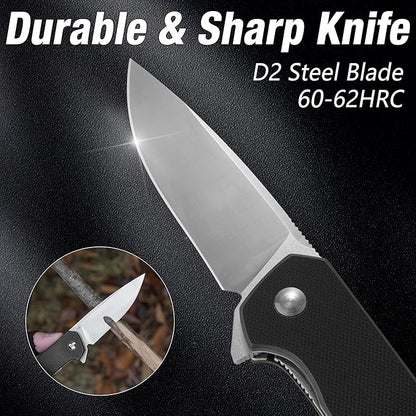 FLISSA Pocket Knife, Folding Tactical Knife with G10 Handle, D2 Blade, Liner Lock, Pocket Clip, EDC Knife for Hiking, Camping, Survival, Indoor and Outdoor Activities(Black)