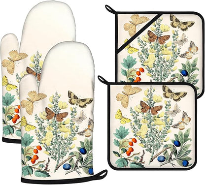 Wildflowers Butterfly Oven Mitts and Pot Holders Sets 4Pcs, Extra Long Oven