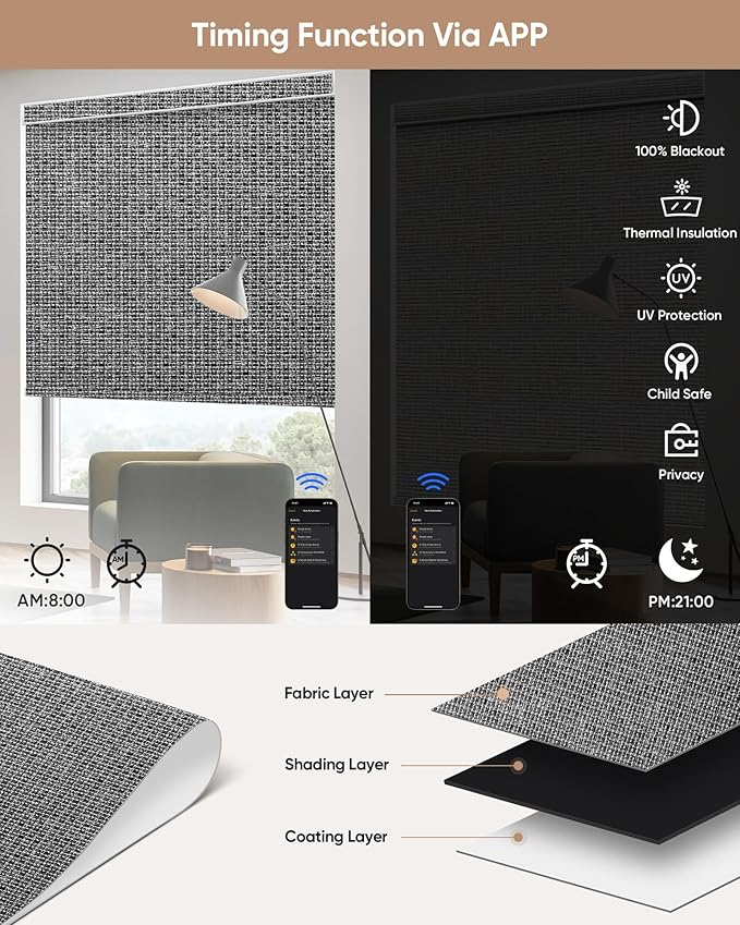 Kincmo Motorized Blinds with Remote, 100% Blackout Motorized Roller Shades Work