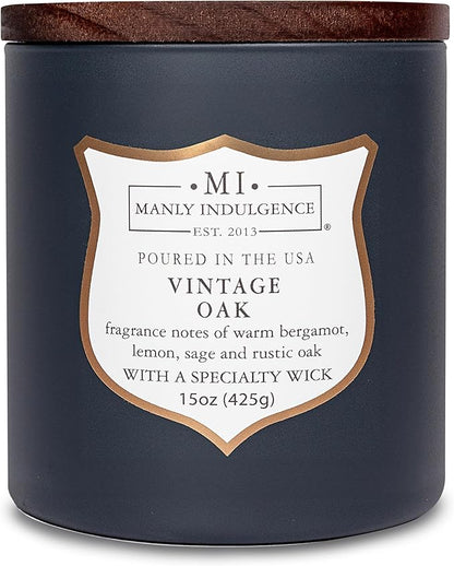 Manly Indulgence Vintage Oak Scented Candles for Men, 15 oz Wooden Wick, Premium Soy Blend Wax, 60H Burn, Candles for Home Scented - Made in The USA