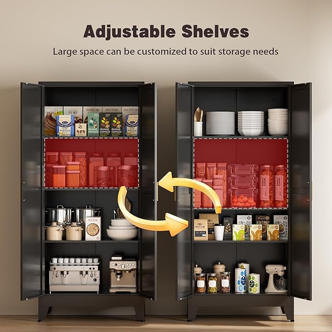 61" Tall Metal Pantry Cabinet, Kitchen Storage Cabinet with 2 Doors and 3 Adjustable Shelves for Kitchen, Living Room, Dining Room, Bathroom and Home, Office (Black, 61" H)