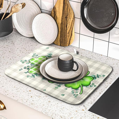 Giwawa Patrick Dish Drying Mat for Kitchen Green Clovers Grey Buffalo Plaids