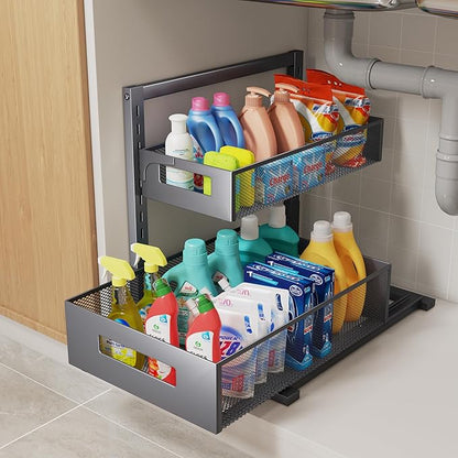 Petiza Under Sink Organizer Pull Out Cabinet Organizer Adjustable Height 2 Tier