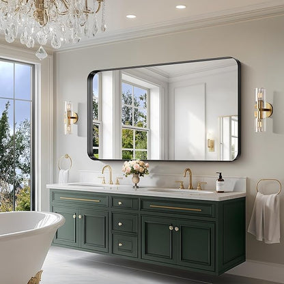 CIRCUMI Black Bathroom Mirror, Rounded Corner, Tempered Glass, Large Mirror