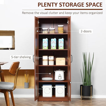 HOMCOM 63" 2-Door Kitchen Pantry, Freestanding Storage Cabinet with 5-Tier Shelving and 2 Adjustable Shelves for Dining Room, Brown