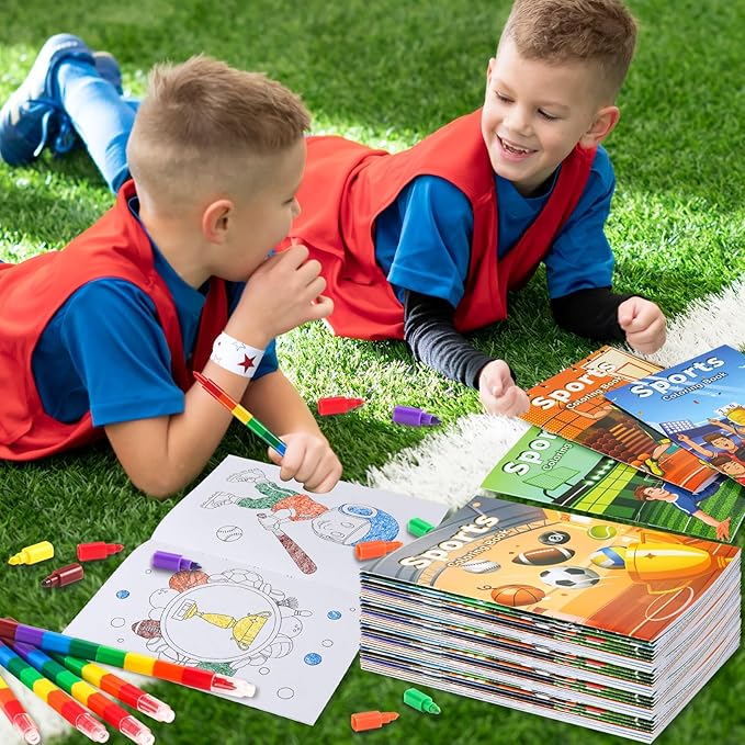 BenLouis 12 Sports Mini Coloring Books Kids with 12 Stacking Crayons Sports Themed Party Favors Small Activity Books Bulk for Kids Sports Birthday Party Gift Goodie Bag Stuffers