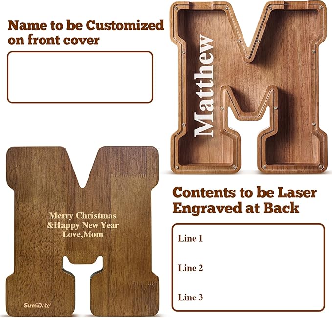 Summidate Customized Name Large Wooden Piggy Bank for Kids Boys Girls Alphabets Letter A-Z Coins Bills Money Change Bank Box Initial on Clear Cover (Laser Engraved) (Alphabet-M, Personalized-12)