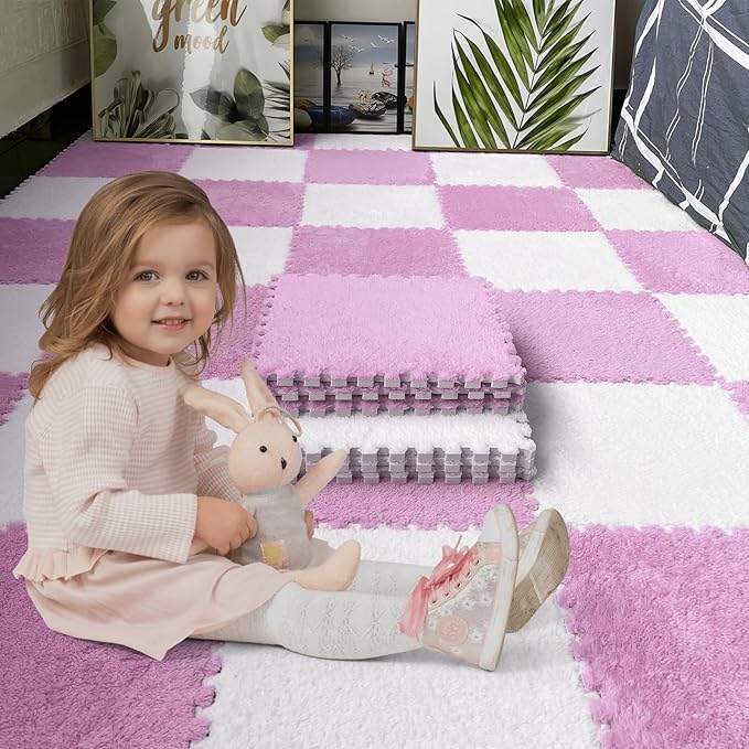 16pcs 0.6" Thickened Interlocking Tile Mats,Fluffy Shaggy Soft EVA Foam Area Rug for Living Room & Bedroom,Non-Slip Protective Floor Carpet Play Mat Kids Baby Dorm Home Decor (11.8ft, Pink)