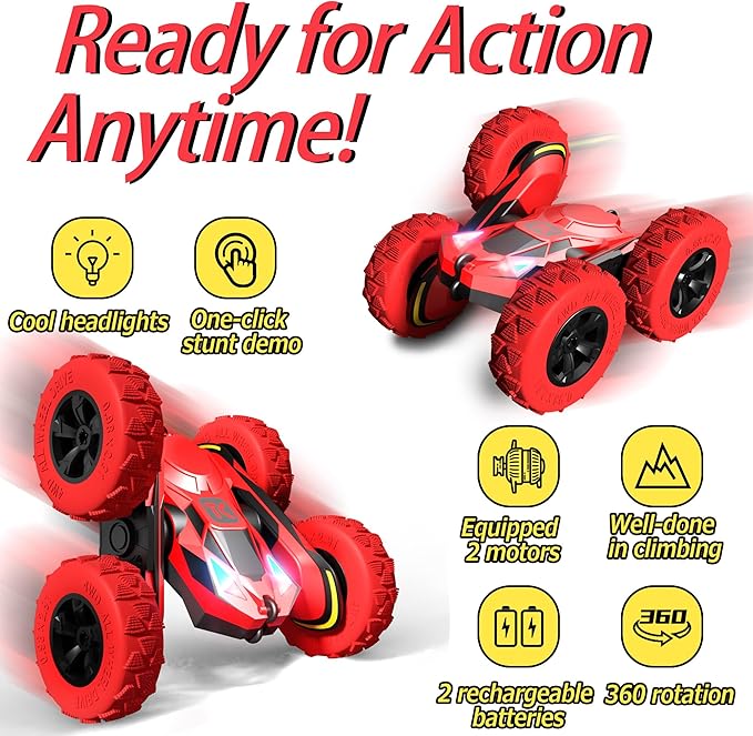 Threeking RC Stunt Car Remote Control Cars with Lights Double-Sided Driving Indoor Outdoor Toys Gifts Presents for 6 7 8 9 10 11 12 Year Old Kids Boys Girls