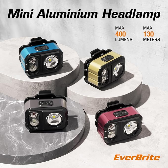 EverBrite Rechargeable LED Headlamp, Only 1.59 OZ Ultra-Light with Hat Clip, IP67 Waterproof, White/Red/Green Light, 7 Modes for Camping, Running and Backpacking-Grey