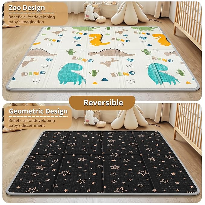 Foldable Baby Play Mat, PIGLOG 0.6in Thick Waterproof Playmats for Babies and Toddlers Kids, Safe Foam Playmat for Tummy Time, 50x50 Playpen Mat, Reversible Portable Floor Mat for Infant, Dinosaur
