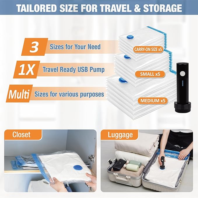 Travel Vacuum Storage Bags with Electric Pump, 15 Combo Travel Packing Bags for Luggage and Suitcase, Carry-on Size Compression Space Saver for Clothes and Clothing