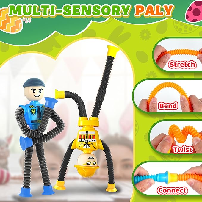 Easter Basket Stuffer Gift for Toddlers Kids Robot Sensory Travel Toys 4Pcs for Boy Year Old Ages 3 4 5 6 7 8 9, Airplane Travel Activities Suction Autistic Valentine Pop Tube Autism Fidget Toys