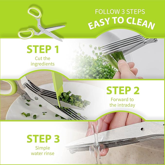 Herb Scissors with 5 Blades & Cleaning Kit, Stainless Steel Kitchen Shears for Herbs, Lettuce, Cilantro, Dishwasher Safe, Soft-Grip Handle