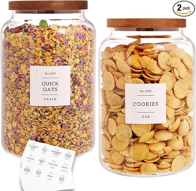 Set of 2 Large Glass Flour and Sugar Containers with 132 Pantry Labels - Glass Food Storage Jars with Airtight Bamboo Lid for Flour Pasta Candy Coffee Cookie and More(1 Gallon/4000 ml)