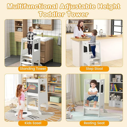INFANS Toddler Standing Tower, Kids Montessori Kitchen Step Stool Helper with 2 Adjustable Height Learning Blackboard Safety Rail Wooden, Anti-Slip Mats, 1-3 Year Old Boy Girl Gifts (White)