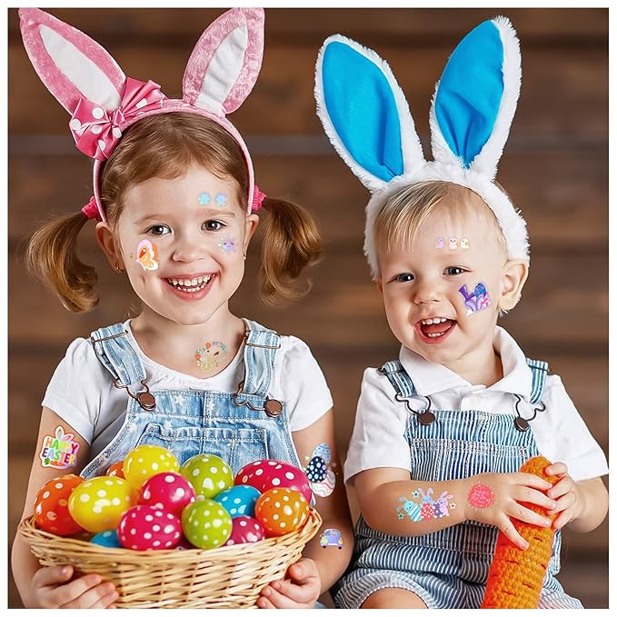 Metuu Easter Temporary Tattoos For Easter Basket Stuffers, 95 Pcs Foil Glitter Style Fake Tattoos For Easter Party Decorations, 4 Sheets Bunny Egg Butterfly Colorful Tattoos for Kids Adults
