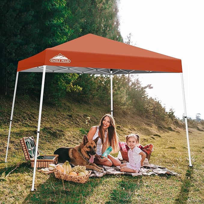 EAGLE PEAK 10x10 Slant Leg Pop-up Canopy Tent Easy One Person Setup Instant Outdoor Beach Canopy Folding Portable Sports Shelter 10x10 Base 8x8 Top (Brick Red)