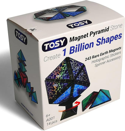 TOSY Magnet Pyramid Stone - 1 Cube Transforms into 1 Billion Shapes, 14 pcs (12 Puzzle pcs and 2 Accessories), 243 Rare Earth Magnets, Holographic Design Magnet Tiles Creative Puzzle STEM/STEAM Toy