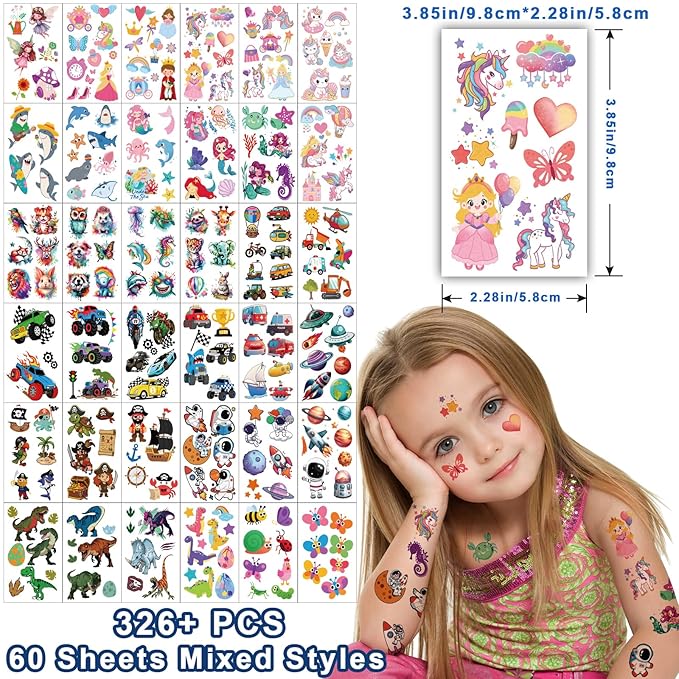 326+ PCS 60 Sheets Mixed Styles Temporary Tattoos for kids - Cute Watercolor Animals Tattoos Stickers with Mermaid Truck Dinosaur Space Pirate for Girls Boy Body Arm Birthday Party Supplies Gifts