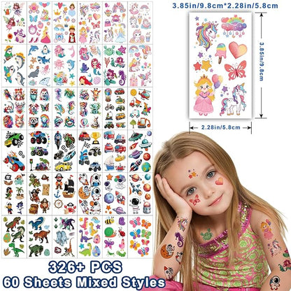 326+ PCS 60 Sheets Mixed Styles Temporary Tattoos for kids - Cute Watercolor Animals Tattoos Stickers with Mermaid Truck Dinosaur Space Pirate for Girls Boy Body Arm Birthday Party Supplies Gifts