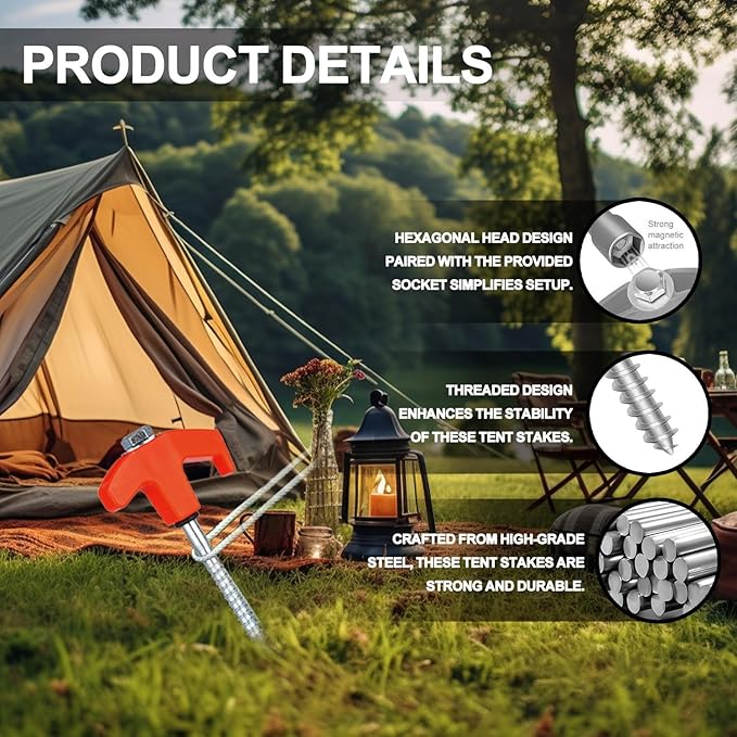 16 Pack Screw in Tent Stakes Heavy Duty,8 Inch Ground Anchors Screw in,Metal Stakes with Hex Head Driver,Camping Tent Accessories.(Orange)