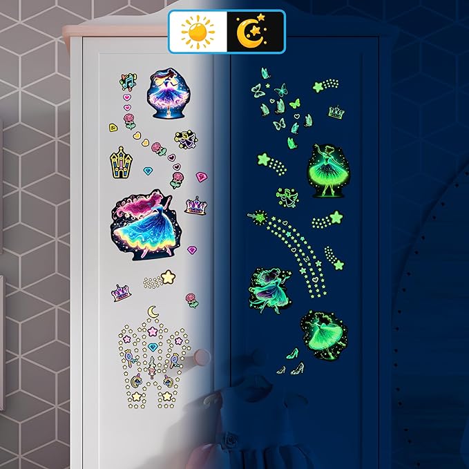 Glow in The Dark Princess and Star Wall Decals, Neon Butterflies Stickers for Girls Room, Luminous Stars Ceiling Decor for Bedroom Playroom Nursery