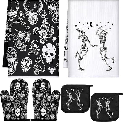 Leinuosen 6 Pcs Skull Kitchen Decor Set Kitchen Towels Gothic Oven Mitts and