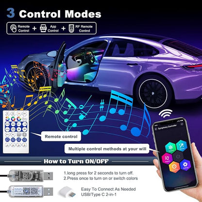Acrylic Interior Car LED Strip Light with 30S Motion Sensor Switch&USB Hub, Dreamcolor 55.1 inches Ambient Lighting Kits, RGB Colors Neon LED Strip Light