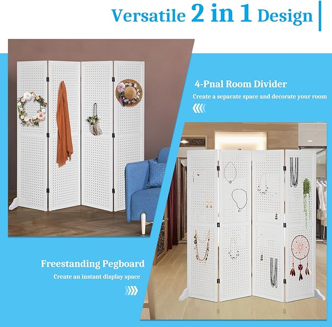 Bonnlo 4 Panel Pegboard Freestanding, 5 FT Portable Display Board Organizer
