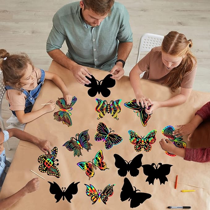 Deekin 72 Pcs Butterfly Scratch Cards Rainbow Paper Scratch Butterfly Craft Art Kits Party Favors with 36 Pcs Bamboo Stylus for Classroom Games DIY Crafts Home Ornaments, 12 Styles