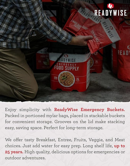 ReadyWise Emergency Food Supply - 84 Servings Breakfast & Entrée Bucket, Protein Meals, Dehydrated & Freeze Dried Food for Backpacking, Camping Essentials & Prepping Supplies, up to 25 Year Shelf Life