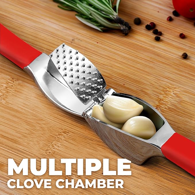 Zulay Kitchen Comfort Grip Garlic Press - Garlic Mincer Tool - Garlic Crusher - Garlic Press Mincer Rust Proof, with Soft Ergonomic Handle, Easy Clean Set with Peeler and Brush - Red