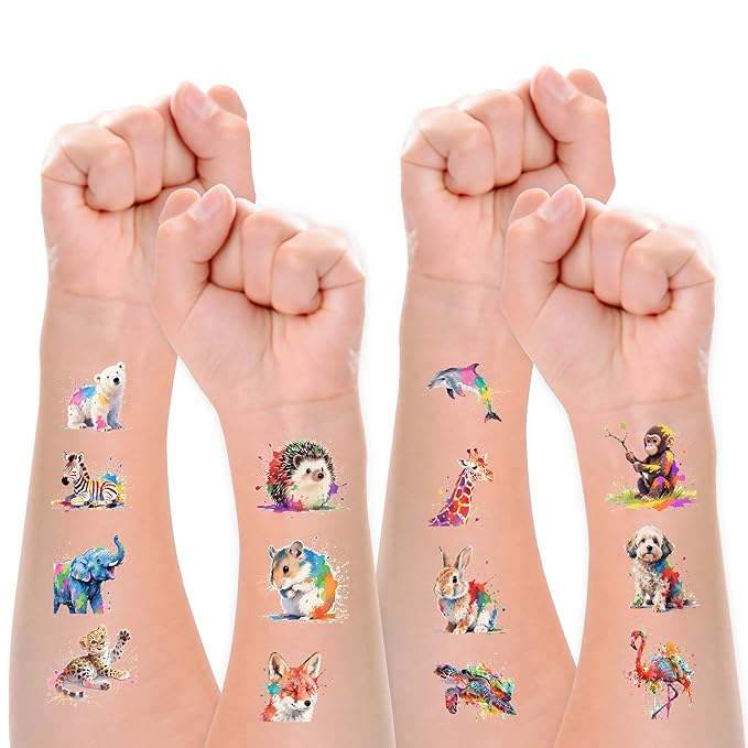216 PCS Watercolor Animals Temporary Tattoo Set (36 Sheets) for kids - Cute Animals Sticker for Girls Boys Body Arm Shoulder, Birthday Party Supplies Gifts for Kids