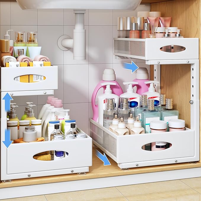 Under Sink Organizer, 2 Pack 2 Tier Pull Out Under Cabinet Organizer Shelf