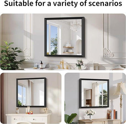 Black Bathroom Mirror 30 x 30 Inch Rectangle Wave Beveled