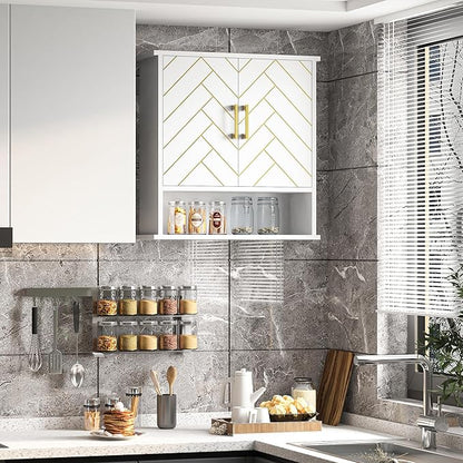 White Chevron Pattern Bathroom Wall Mount Cabinet, Stylish Hanging Medicine